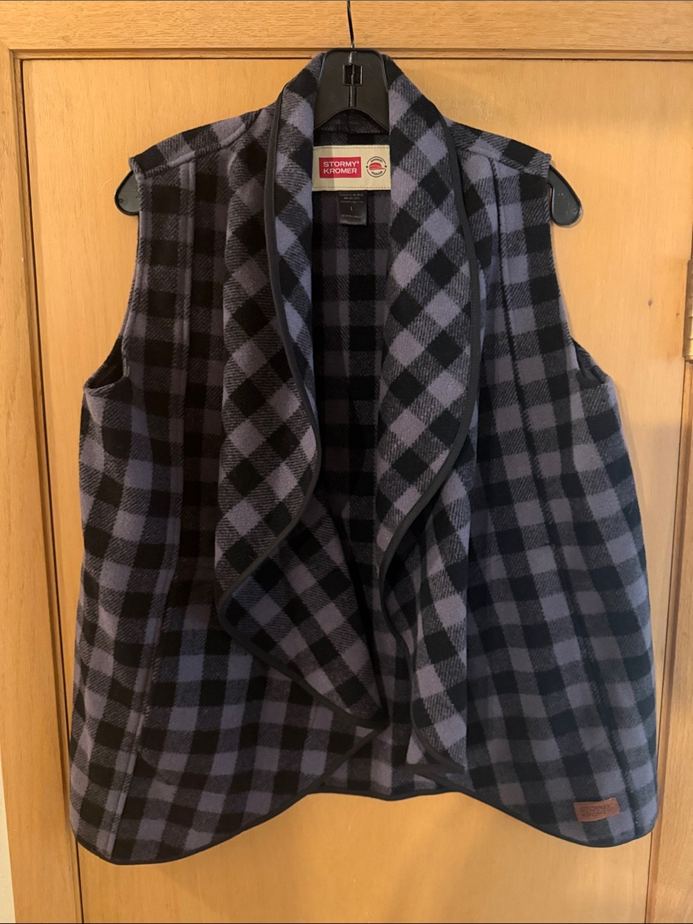 Stormy Kromer Plaid Open Front Waterfall Vest Wool Gray Black Size Large